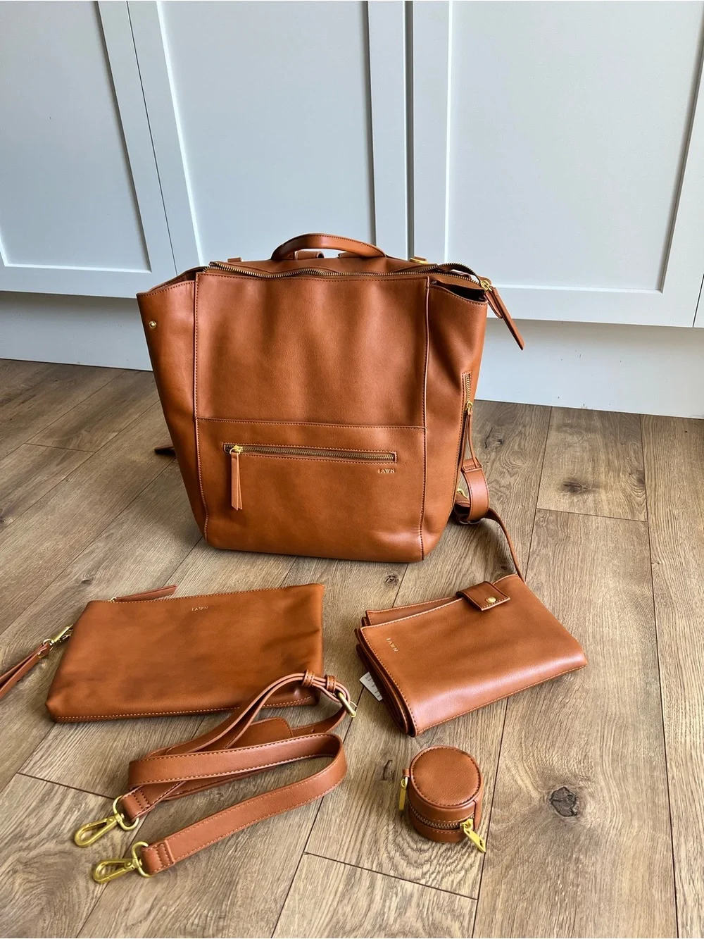 FAWN square brown faux leather diaper bag & accessories